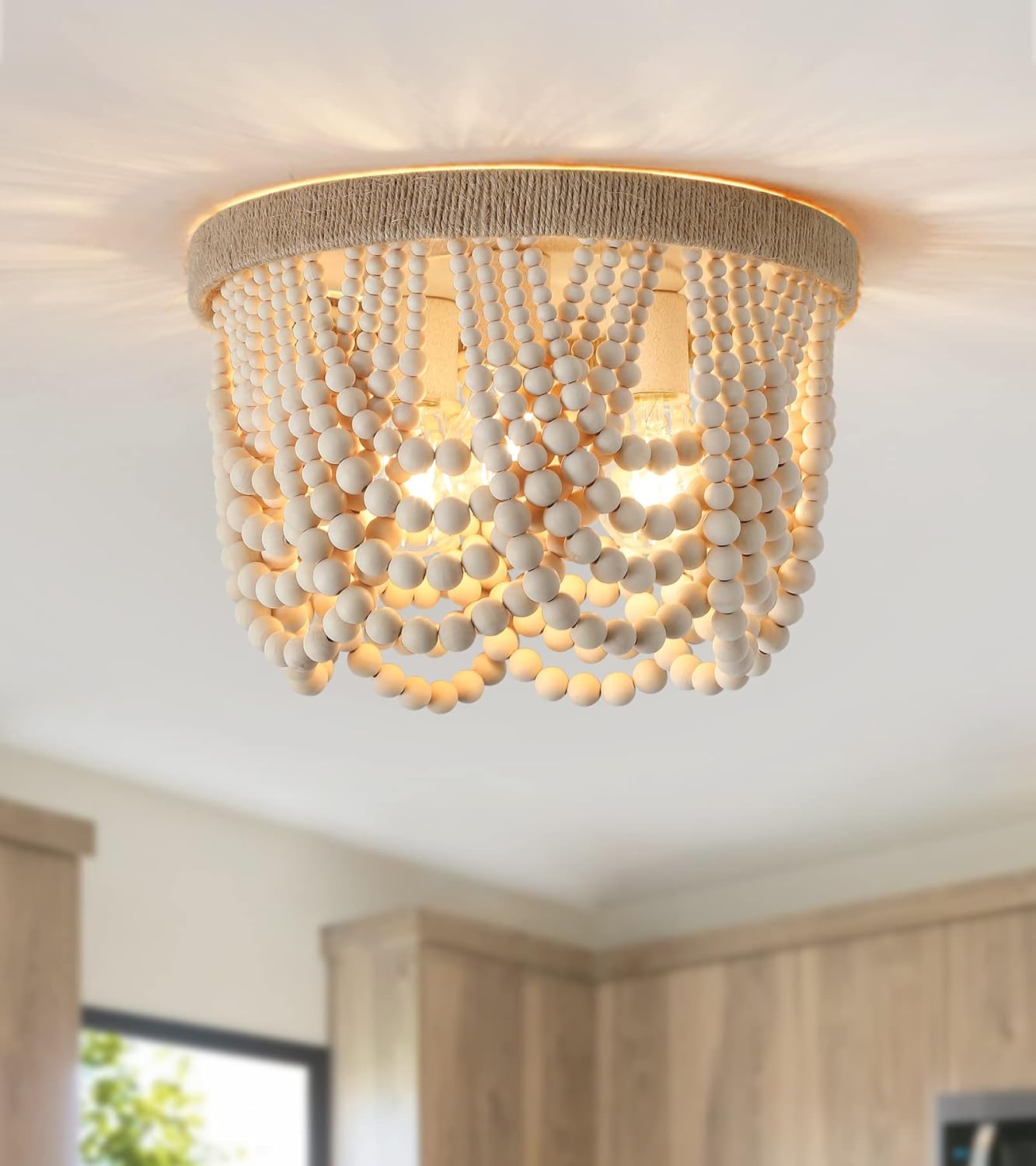 AMZASA Wood Beaded Flush Mount Ceiling Light Farmhouse Rustic Small Boho Chandelier Light Fixture for Bedroom Hallway Entryway Closet Kitchen Dining Room Living Room Nursery 3-Lights